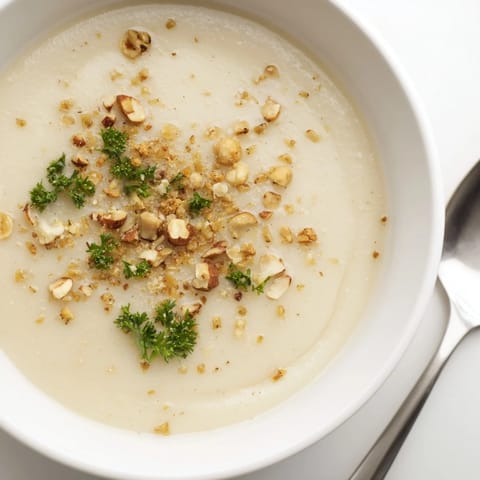 Creamy roasted celeriac soup served hot in a rustic bowl with a side of crusty bread.