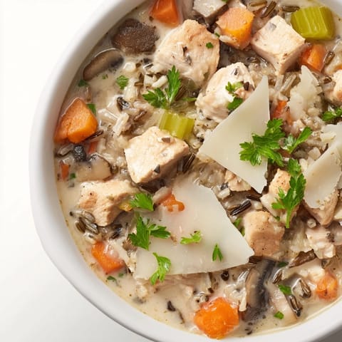 Hearty Parmesan Mushroom Chicken and Wild Rice Soup with tender chicken, mushrooms, and wild rice in a creamy broth.