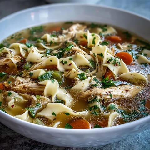 Hearty Chicken and Noodle Soup served in a rustic bowl, with chunks of celery, carrots, and juicy chicken pieces, perfect for a comforting family dinner on a cold day.