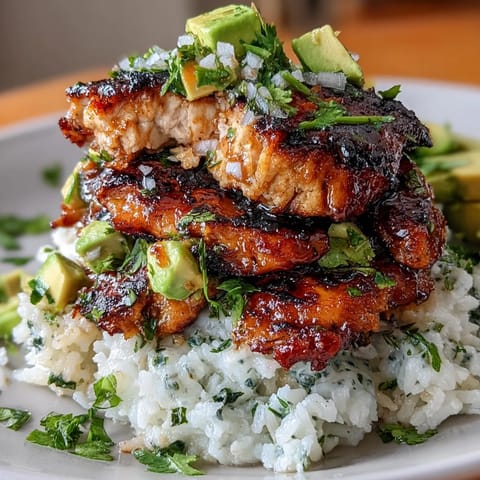 Juicy grilled chicken thighs glazed in honey and lime sit atop fragrant rice and a chunky avocado-cilantro mix in this dinner recipe.