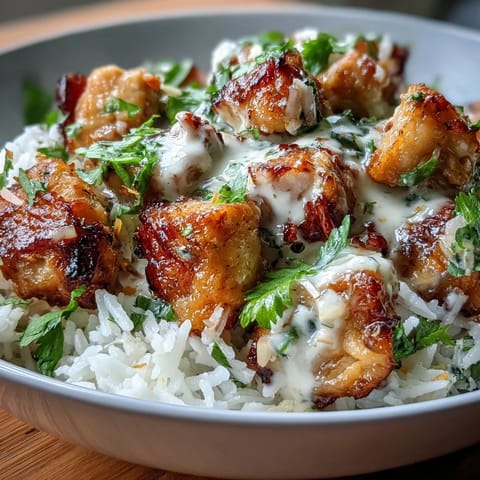 Steam rises from a serving of Coconut Chicken Rice Bowl, with tender chicken pieces glistening in creamy coconut sauce and herbs.