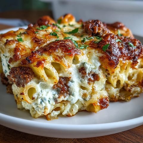 Golden-brown Cottage Cheese Protein Pasta Bake with Ground Beef, bubbling with melted mozzarella and Parmesan, served fresh from the oven with chopped parsley.  