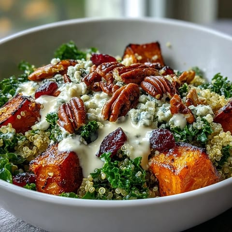 Autumnal Harvest Kale Quinoa Bowl, generously drizzled with creamy tahini dressing.