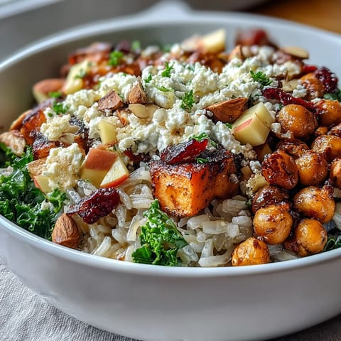 Autumnal Fall Harvest Bowl featuring wild rice, Brussels sprouts, and crunchy almonds.