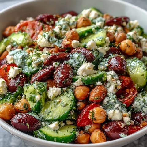 Colorful Greek Bean Salad featuring creamy feta, Kalamata olives, and bright vegetables rests on a wooden table, perfect for a vegetarian Mediterranean lunch.