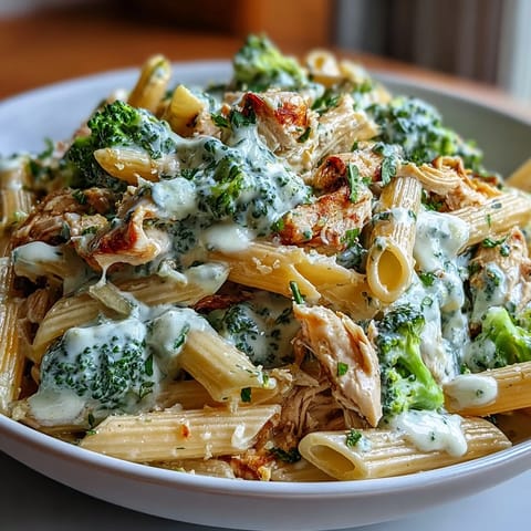 Creamy pasta with rotisserie chicken and broccoli florets in a skillet, garnished with fresh parsley and lemon zest.