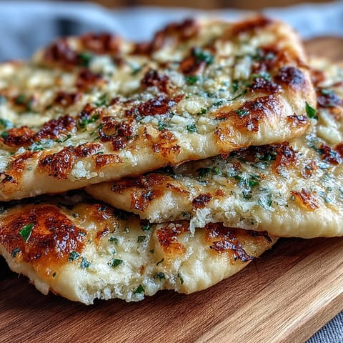 Golden-brown Best Easy Garlic Naan Bread fresh from the skillet, brushed with melted butter and minced garlic.