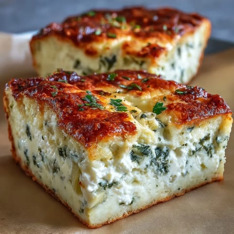 Freshly baked High Protein Spinach Artichoke Bake in a ceramic dish, topped with bubbly feta and a sprinkle of black pepper.  