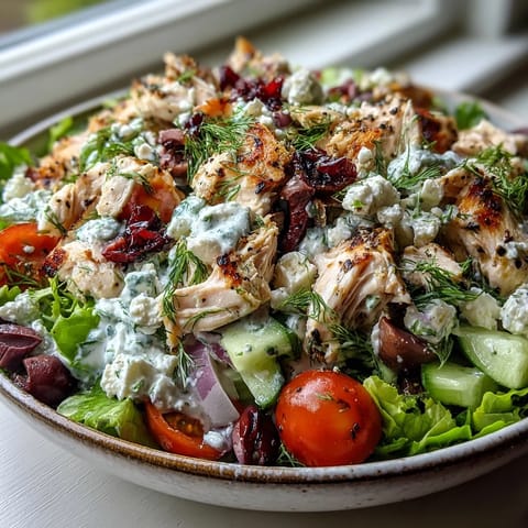 Serving suggestion: chilled Tzatziki Chicken Salad over fresh spinach, ready for a light lunch or refreshing dinner.