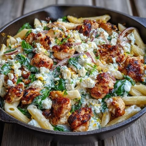 Tender chicken pieces and al dente pasta are coated in creamy Greek yogurt sauce with vibrant spinach.