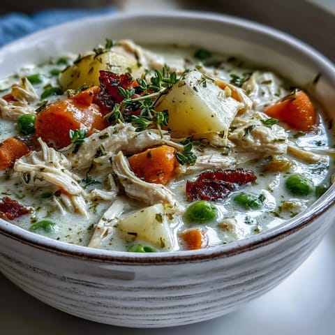 A hearty bowl of Creamy Chicken Pot Pie Soup, rich with shredded rotisserie chicken and colorful tender vegetables.