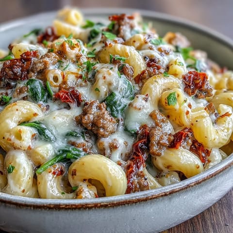 Hearty Creamy Tuscan Chili Mac served in a bowl, garnished with fresh basil and a sprinkle of extra Parmesan cheese.