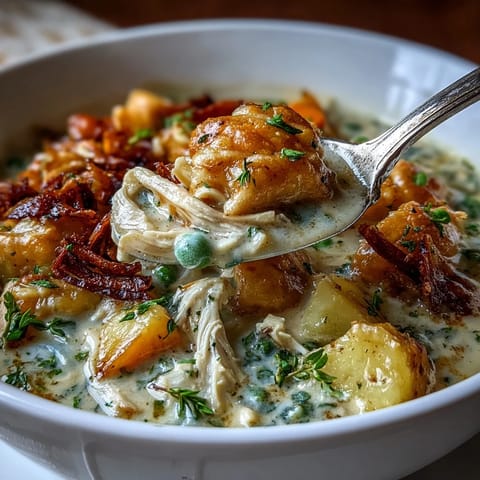 A spoonful of Creamy Chicken Pot Pie Soup showing tender chicken, peas, and diced potatoes in herb-infused broth.