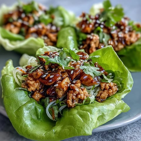 Steaming Potsticker Noodle Lettuce Cups garnished with sesame seeds and green onions, ready to eat fresh.