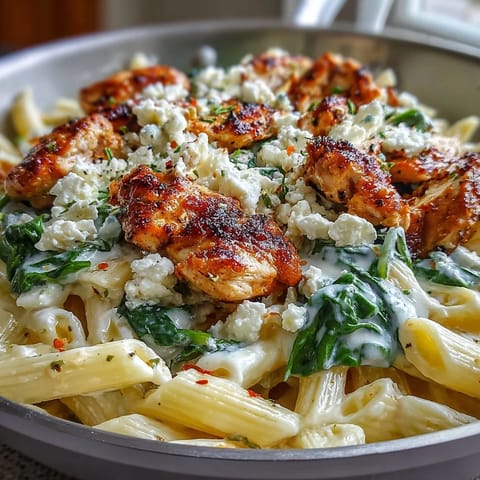 Tender chicken, crumbled feta, and spinach in a skillet topped with Greek yogurt sauce.