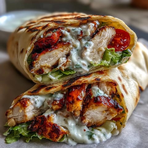 Grilled chicken, crisp romaine, and tangy Caesar dressing are wrapped in buttery garlic naan flatbread.