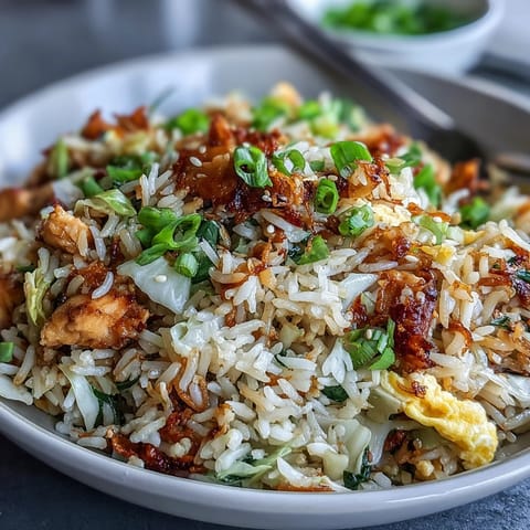 A close-up of vibrant Egg Roll Fried Rice with chicken, showcasing fluffy rice, shredded carrots, and sesame seeds.
