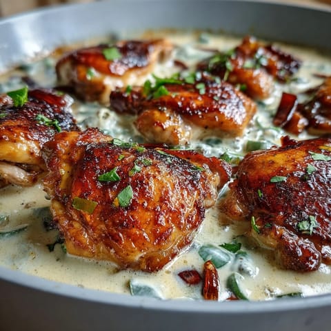 Sliced tangy pepperoncini and minced garlic mingle in a rich white cream sauce, coating juicy cooked chicken pieces.