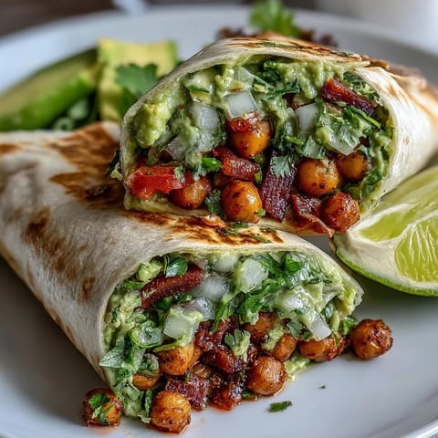 Golden-brown Spicy Chickpea and Avocado Wraps sliced in half, revealing a creamy avocado and chickpea filling with diced red onion and bell pepper.