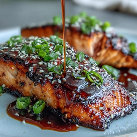 Golden-brown Teriyaki Salmon fillets served on white rice with sautéed greens, ready to be enjoyed for a delicious Japanese-inspired dinner.