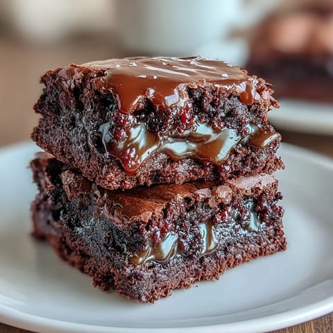 A slice of warm Miso Caramel Brownies reveals rich, gooey caramel ribbons and intense chocolate, served on a rustic wooden cutting board.