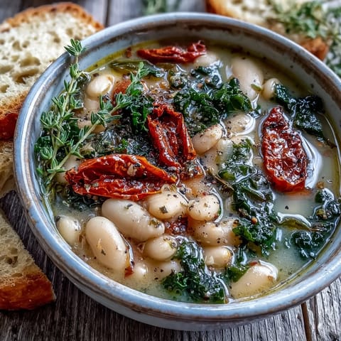 Close-up of Creamy Tuscan White Bean & Kale Soup topped with cracked pepper and olive oil.