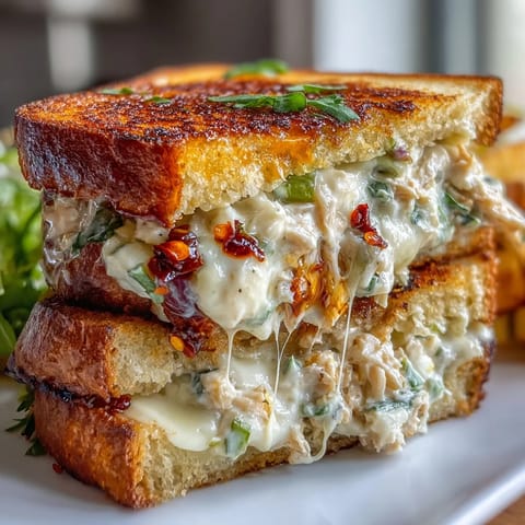 Gooey mozzarella melts over a robust tuna filling seasoned with Calabrian chili on buttered bread.