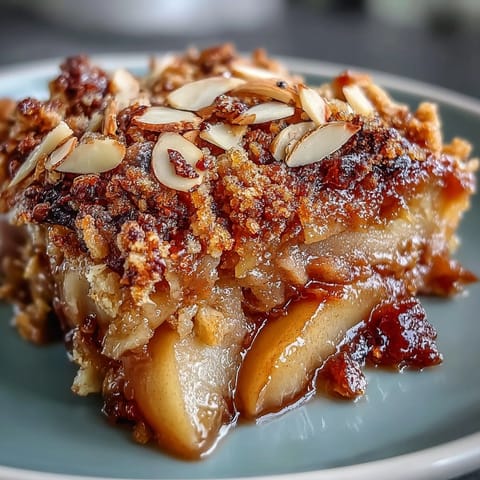 A close-up of Cardamom-Spiced Apple Crisp topped with sliced almonds and oats.