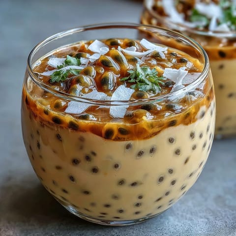 Vibrant yellow passionfruit pulp swirls over chilled chia pudding, garnished with shredded coconut, making an easy tropical dessert for a healthy brunch.