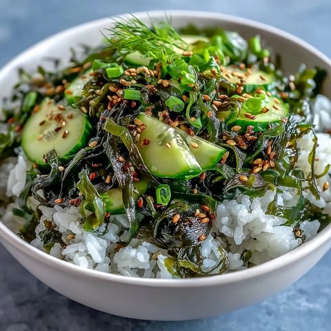 The Seaweed & Nori Rice Bowl garnished with green scallions and toasted sesame seeds, ready for a drizzle of soy sauce.