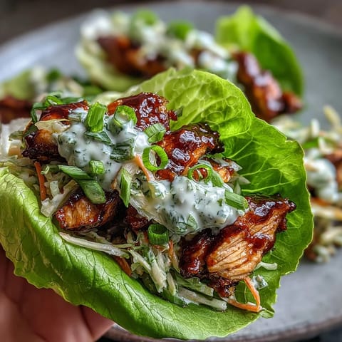 BBQ chicken lettuce wraps filled with juicy seasoned chicken and crunchy tangy slaw, perfect for healthy meal prep or a quick low-carb dinner.