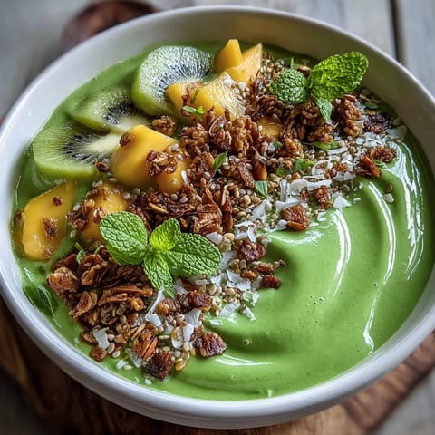 A vibrant bowl of Vegan Tropical Green Smoothie Bowl with Mango Chia Topping, featuring sliced kiwi, coconut flakes, and hemp seeds for a healthy breakfast.