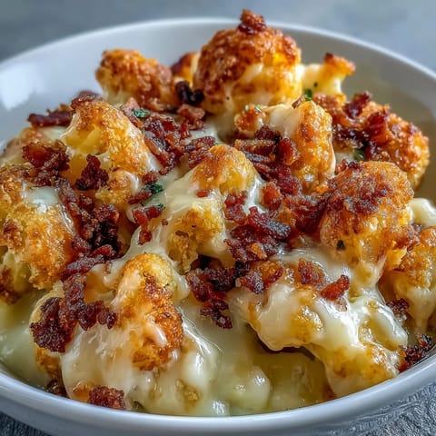 Plated Keto Mac and Cheese with roasted cauliflower in rich cheese sauce, topped with crunchy bacon crumbs.