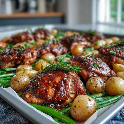 Sizzling Honey Garlic Sheet Pan Chicken fresh from the oven, served alongside tender roasted potatoes and crisp green beans.