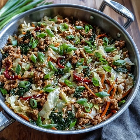 A close-up of High-Volume Cabbage and Turkey Stir-Fry showing lean ground turkey, shredded cabbage, and red bell peppers coated in a glossy soy-ginger sauce, topped with toasted sesame seeds and fresh green onions.
