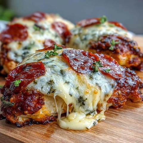 Keto Pepperoni Pizza Chicken Bake with golden, bubbly mozzarella and pepperoni over baked chicken breasts.