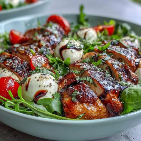 Sliced grilled chicken caprese bowls served on arugula with cherry tomatoes, mozzarella, and tangy balsamic glaze.