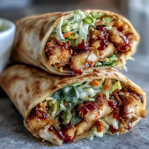 Golden fried turkey or chicken wrapped with vibrant slaw in flour tortillas, drizzled with creamy, spicy gochujang sauce for a flavor-packed snack.  