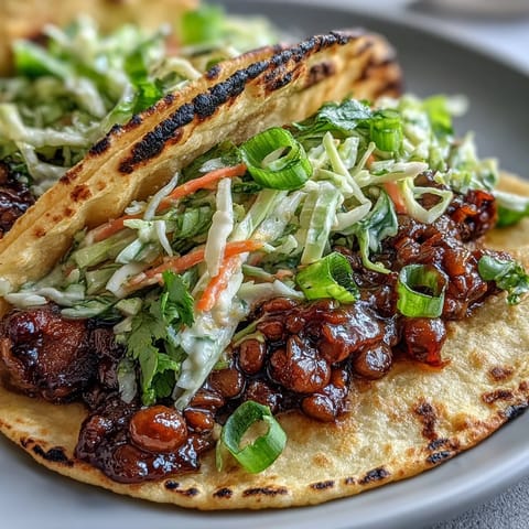 Vegan BBQ Lentil Tacos with Cabbage Slaw - smoky lentils in warm tortillas topped with crunchy red and green cabbage slaw.