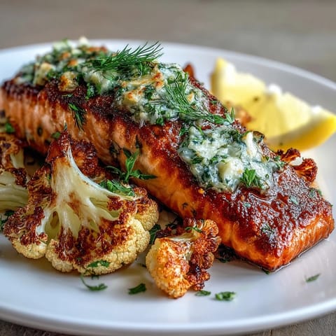 Keto Herb Butter Salmon with Roasted Cauliflower - golden salmon fillets topped with fragrant herb butter and served alongside crispy, golden cauliflower florets.