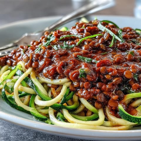 A vibrant bowl of Vegan Lentil Bolognese served over fresh spiralized zucchini and carrots, rich tomato sauce clinging to tender lentils.