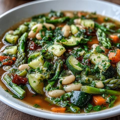 A steaming bowl of spring minestrone with white beans and asparagus, packed with colorful vegetables and tender pasta in a savory broth.