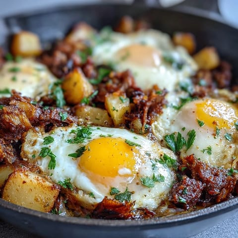A golden skillet of crispy corned beef hash with sautéed vegetables and sunny-side-up eggs, ready for a hearty breakfast.  