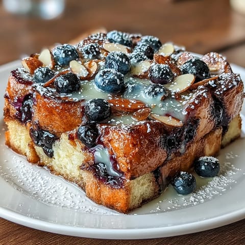 Blueberry Lemon Sourdough French Toast Casserole with fresh blueberries and lemon zest baked in a golden custard.  