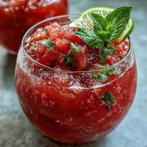Vibrant strawberry watermelon daiquiri mocktail with fresh mint, lime, and ice in tall glasses, garnished with fruit slices.
