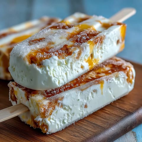 Creamy Greek yogurt and vibrant mango purée swirled together in a refreshing frozen pop, perfect for hot summer days.