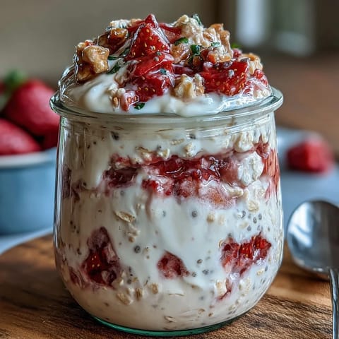 Creamy strawberry vanilla protein overnight oats with chia seeds, layered with fresh berries and a hint of sweetness.