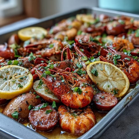 A colorful sheet pan of roasted crawfish, andouille sausage, and corn with Cajun seasoning and lemon slices.  