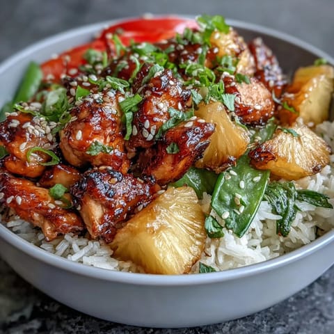 A vibrant Asian fusion rice bowl topped with sweet pineapple, teriyaki chicken, and fresh snap peas for tropical flavor.  