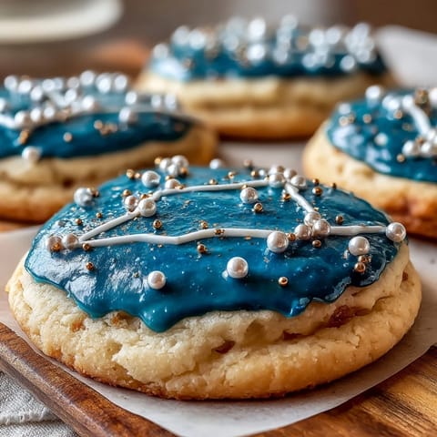 Pisces constellation sugar cookies with royal icing, decorated to resemble the night sky and zodiac stars.